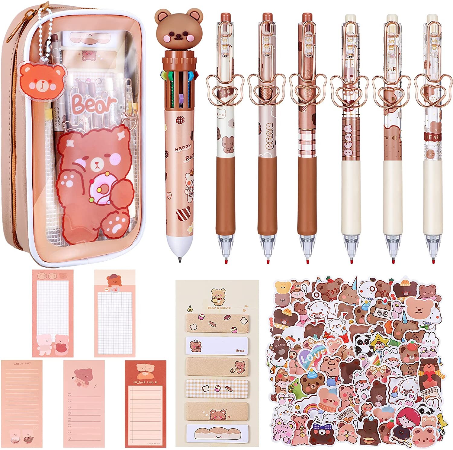 Perkoop 628 Pcs Kawaii Stationary Set Bear Theme Stationery Includes 1 Pencil Pouch Bag 6 Gel Ink Pen 10 in 400 Sheets Sticky Note 100 Stickers 120 Tags