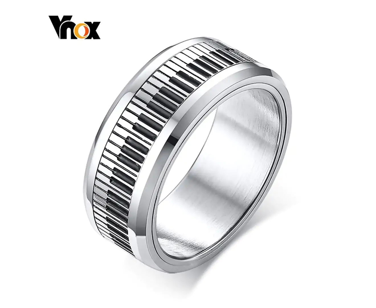 Vnox Rotatable Piano Key Ring for Men Stainless Steel Band Stylish Spinner Band Music Lover Musician Gift Jewelry （ Size:10 )