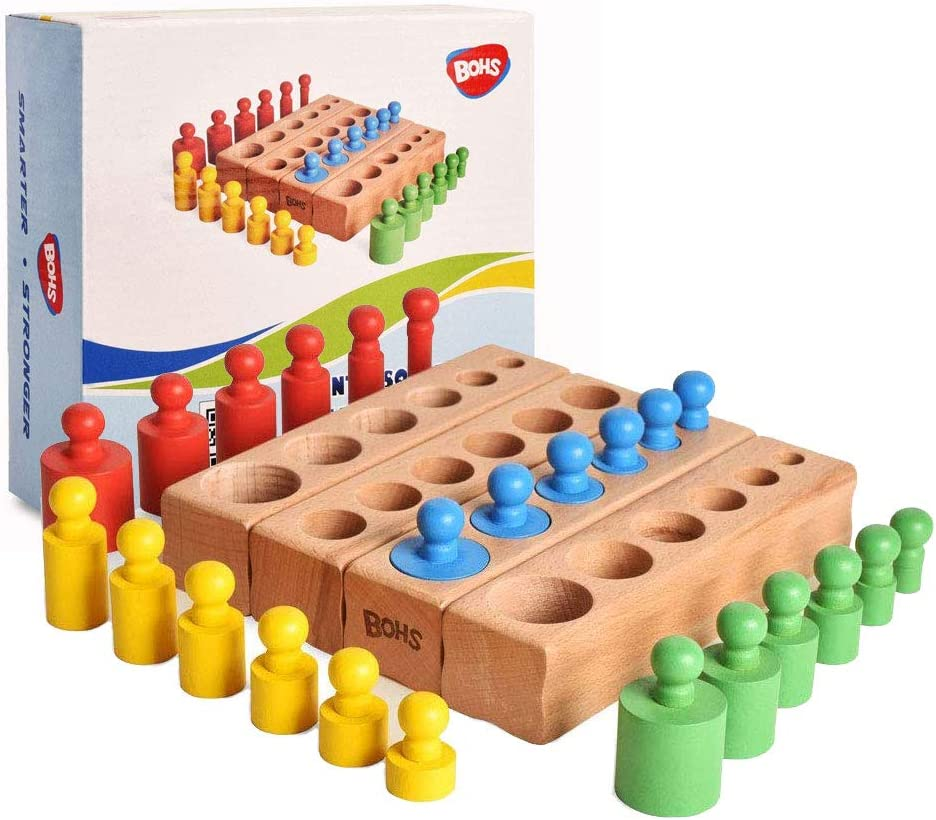 BOHS Montessori Knobbed Cylinders Blocks – 6 Pegs / 6.7 Inches – Colorful Wooden Early Home School Toys – 4Pcs Set