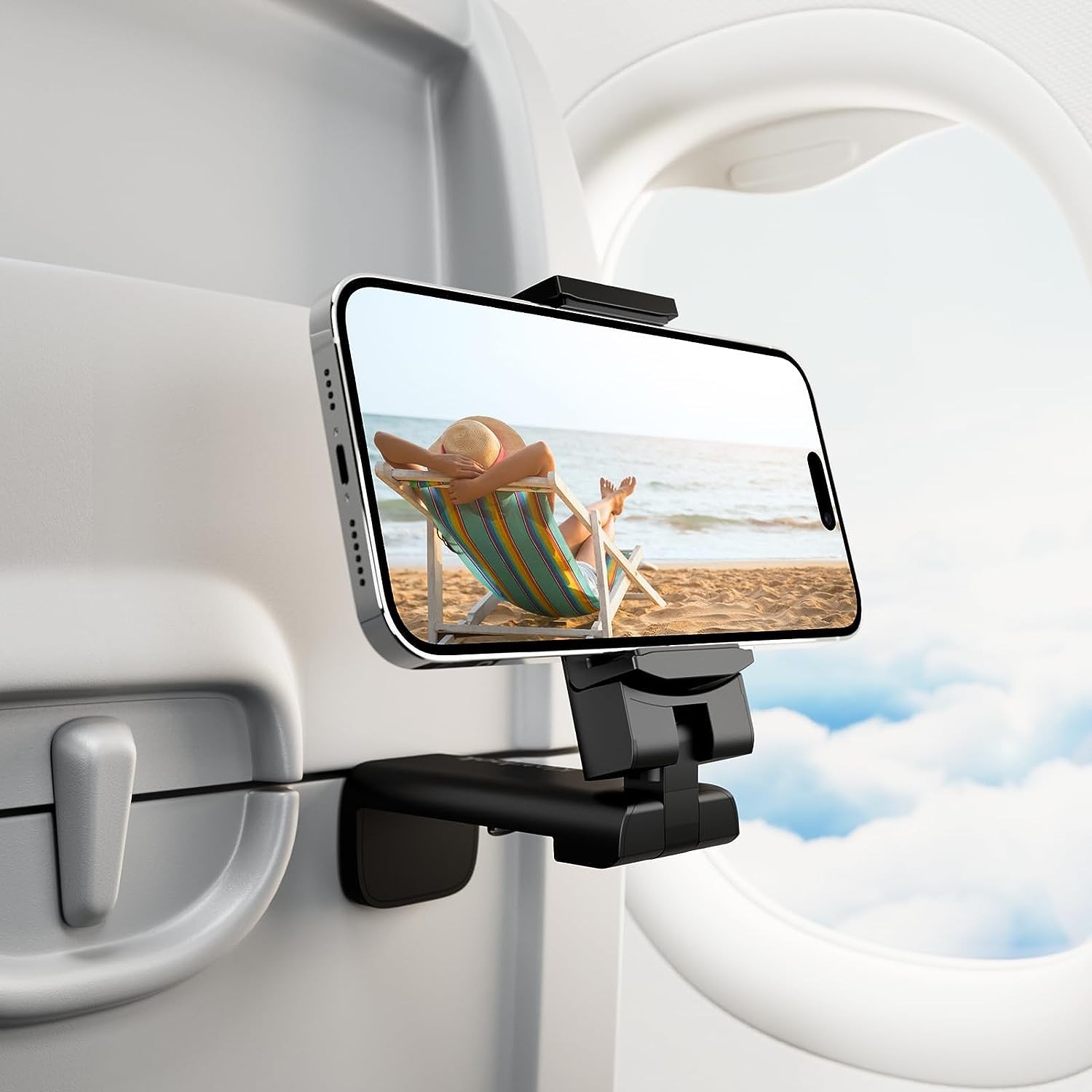 Airplane Travel Essentials Phone Holder, Klearlook Universal Flight Essentials Phone Mount with Multi-Directional 360° Rotation, Travel Must Haves Handsfree Phone Stand for Flying, Table or Outdoor