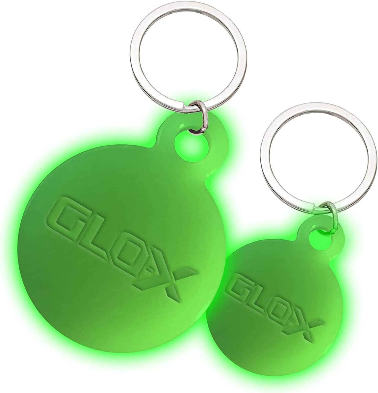 GLO-X Dog Glow Tag – Glow in the Dark Cat Tags to Keep Your Pets Safe at Night – 12+ Hours Glow Time – Charges in Daylight – Unlimited Recharges – No Batteries Required (1.38” & 1.10” Diameter)