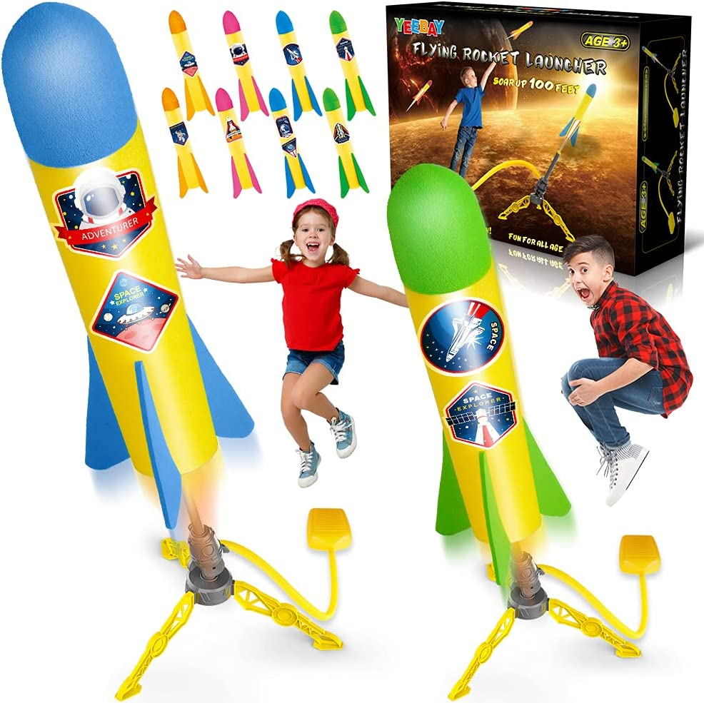 YEEBAY Rocket Air Launch Toy for Kids Age of 3, 4, 5, 6, 7, 8+ Years Old Boy/Girl, 2 Pack Stomp Launchers & 8 Colorful Foam Rockets, Fun Outdoor Game, Ideal Kids’ Christmas/Birthday