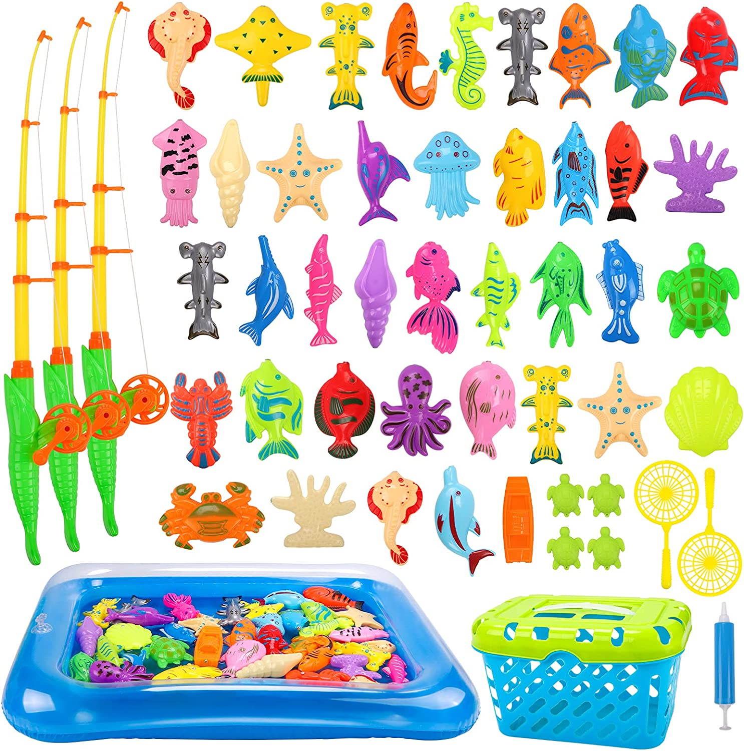 REMOKING Kid Toys 52PCS Fishing Game,Magnetic Toys with Ocean Sea Animal,Fishing Poles,Nets,Inflatable Pool,Toddlers Bathtub Outdoor Carnival Party Toy,Gifts for Kids 3 4 5 6 Years Old(With Basket)