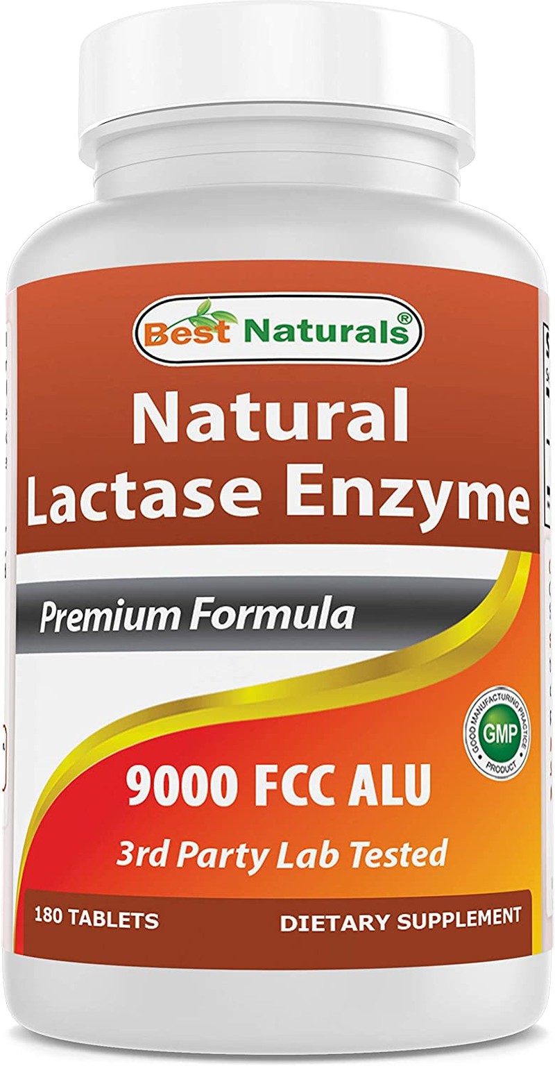 Best Naturals Lactose Intolerance Relief Tablets with Natural Lactase Enzyme, Fast Acting High Potency Lactase, 9000 FCC ALU, 180 Count