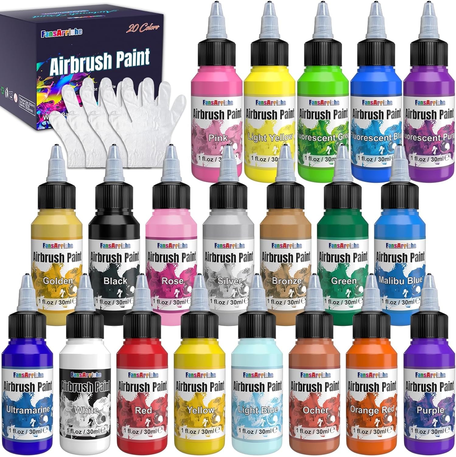 Airbrush Paint, 20 Colors Acrylic Air Brush Paint Kit, Water-Based, Opaque & Neon Colors, Pearl Colors, for Beginners, Artists, DIY Projects, 30Ml/Bottle