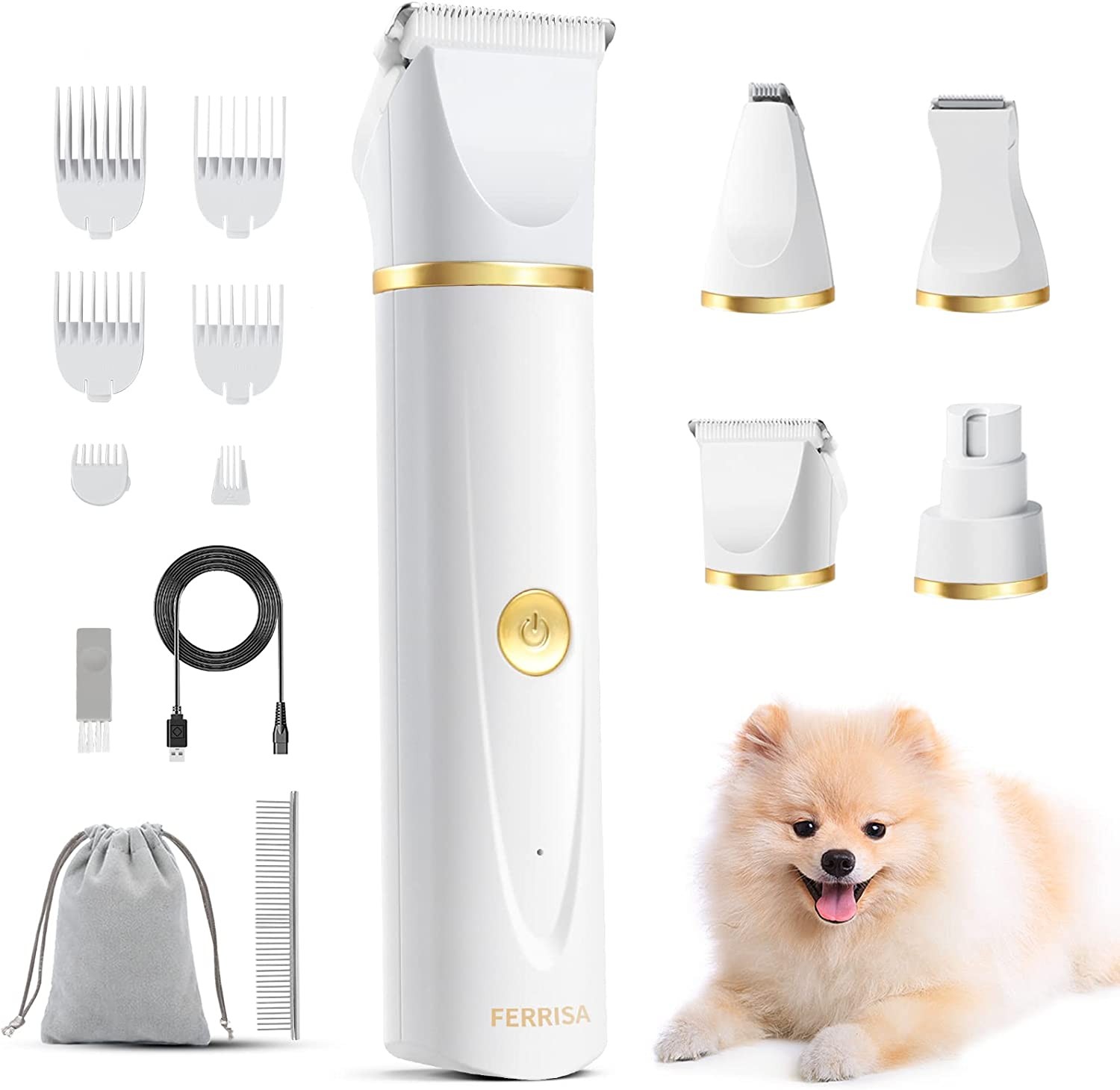 FERRISA Dog Clippers for Grooming, Small Dog Clipper Dog Grooming Kit with 4 Blade Heads, Low Noise Dog Grooming Kit for Dogs Hair, Dog Clippers of Eyes, Ears, Face, Rump