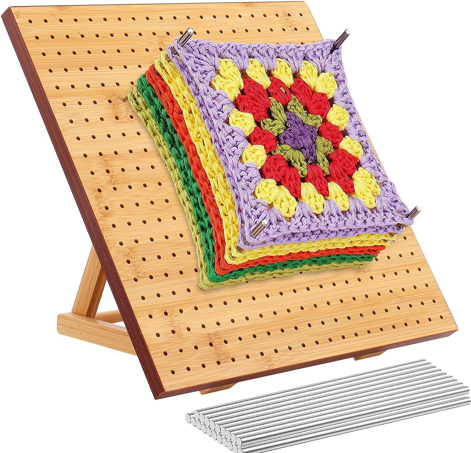 Handcrafted Wooden Blocking Board for Knitting Crochet and Granny Squares Lovers Crochet Blocking Board with Adjustable Stand with 20 Stainless Steel Rod Pins for Knitting Crochet Lovers (29 * 29Cm)