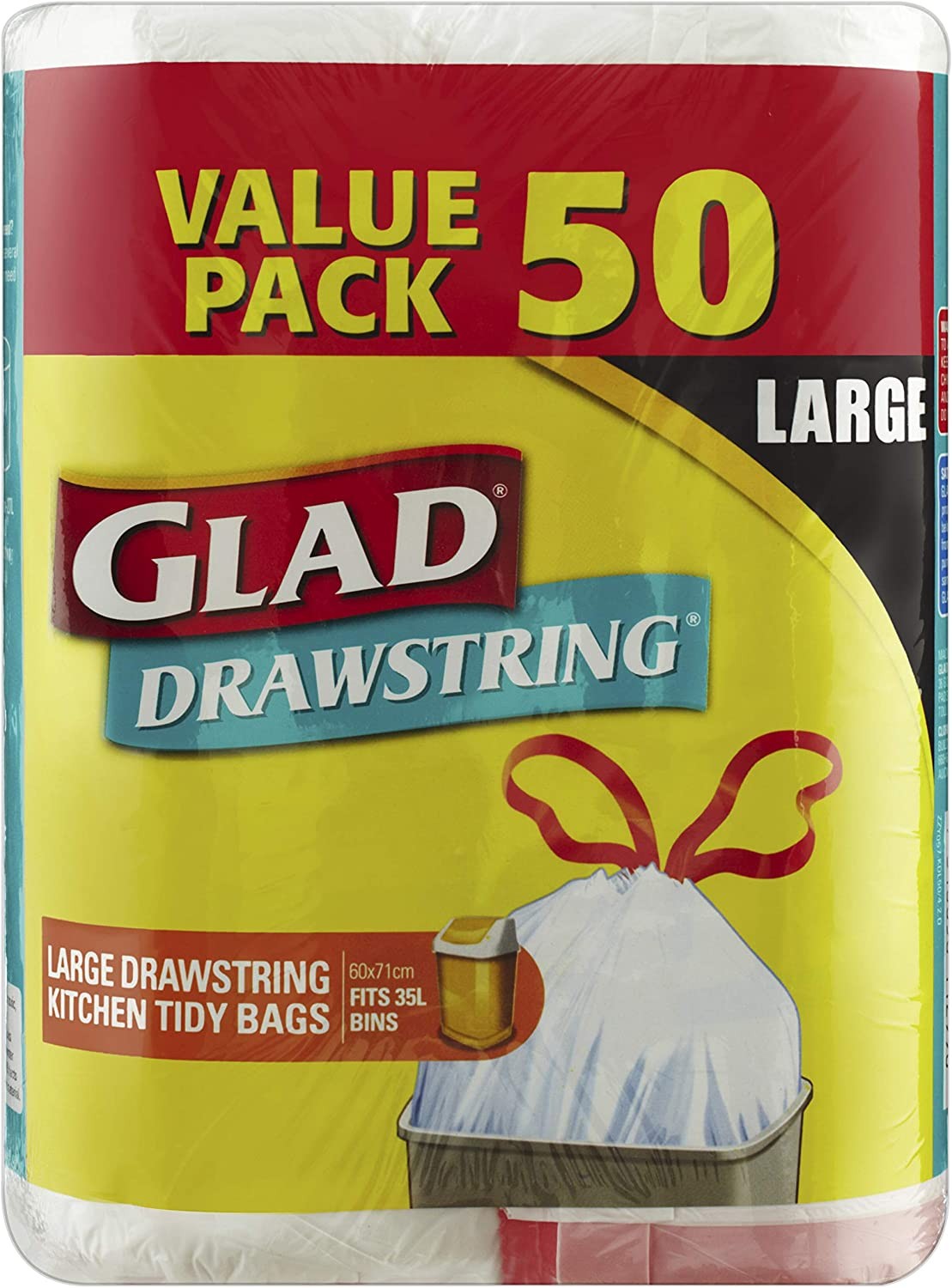 Glad Drawstring Bin Liners, Super Strong Kitchen Tidy Bags, Fits 35L Bins, Pack of 50