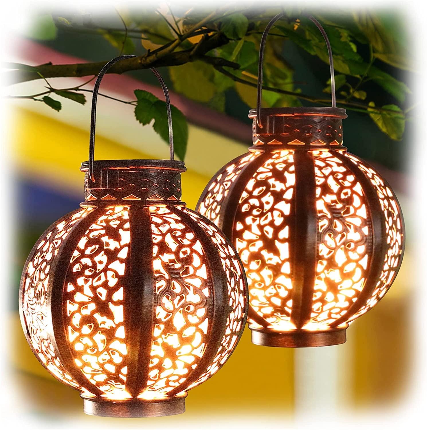 MAGGIFT 2 Pack Hanging Solar Lanterns Retro Solar Lights with Handle, Outdoor Solar Garden Lights Decor for Yard Tree Fence Patio 6 Lumens, Brown