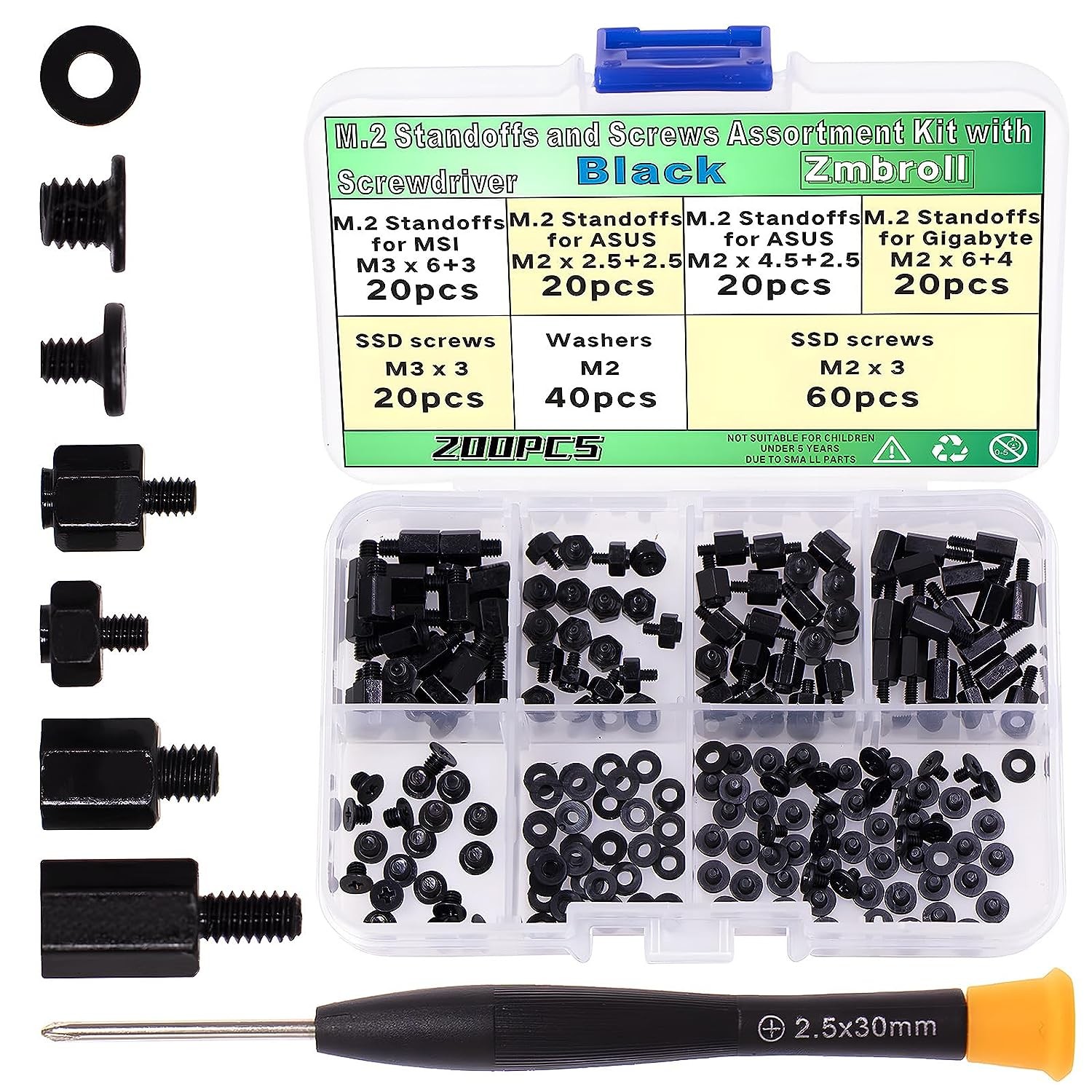 Zmbroll 200Pcs M.2 Screw Kit,Black M2 SSD Mounting Screws,Nvme Screw for Laptops,M.2 Standoff and Screw for Asus Gigabyte MSI Motherboards Screw with Screwdriver