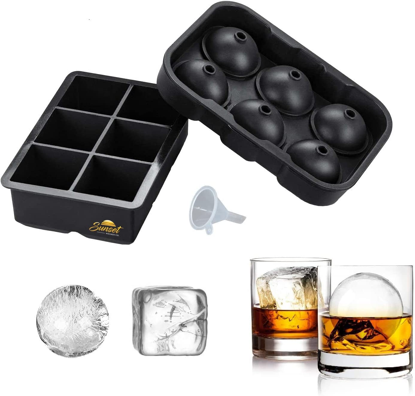 SUNSET Silicone Ice Cube Trays – Set of 2 Large Ice Cube Molds + Funnel | Square Ice Tray & Sphere Ice Ball Maker for Freezer | Reusable BPA Free Ice Moulds for Whiskey, Cocktails & More) | AUS Seller