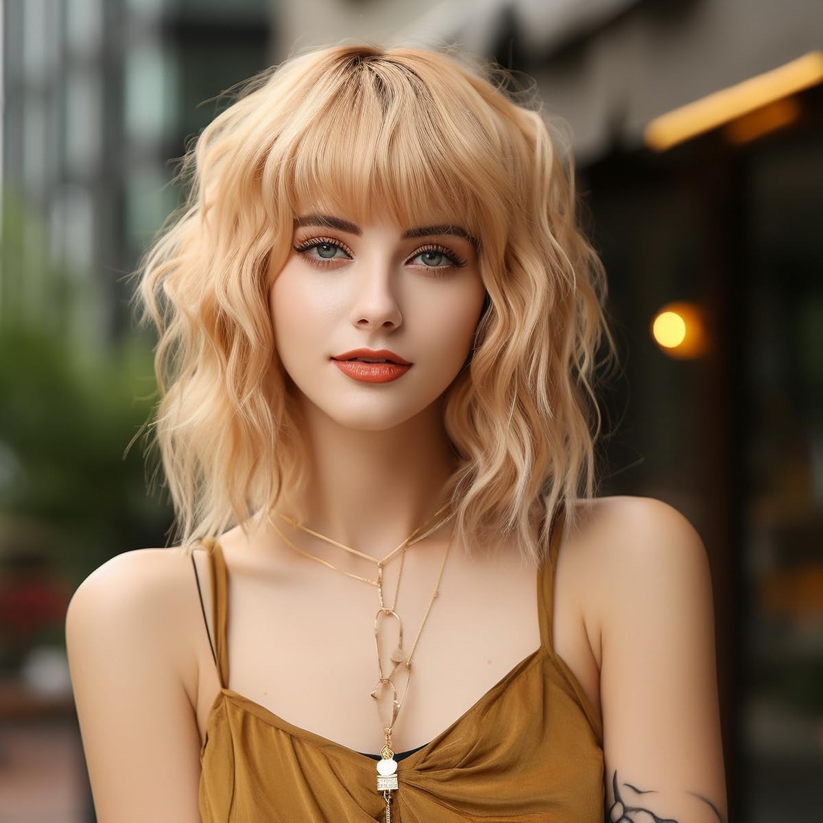 Blonde Bob Wig for Women|Short Blonde Wig Curly Wig for Women|Synthetic Blonde Bob Wig with Bangs for Daily Use