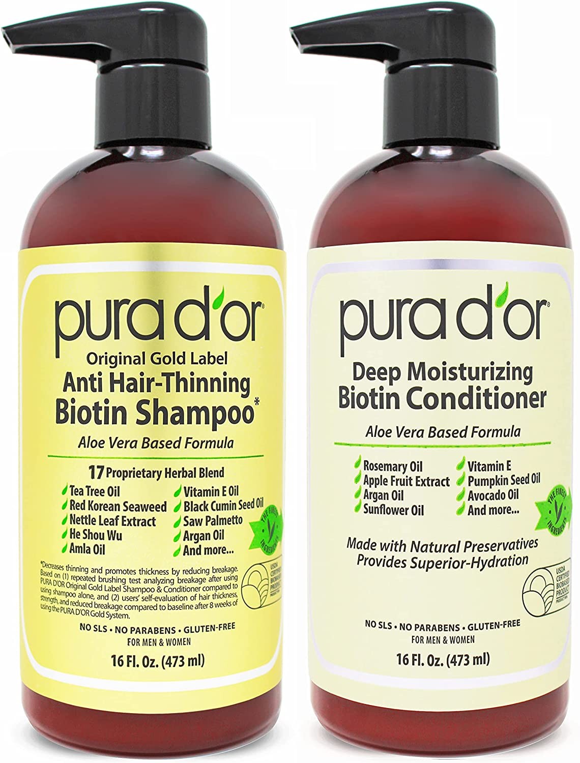 PURA D’OR Anti-Thinning Biotin Shampoo and Conditioner, CLINICALLY TESTED Proven Results, DHT Blocker Thickening Products for Women & Men, Color Treated Hair, Original Gold Label Hair Care Set 16Oz X2