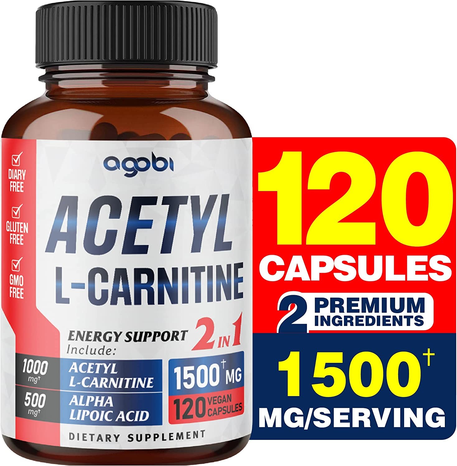 Acetyl L-Carnitine & Alpha Lipoic Acid Complex 1500Mg – Supplement for Brain Health, Memory, Focus & Mood Support – 120 Vegan Capsules for 2 Month Supply – Gluten-Free, Non-Gmo