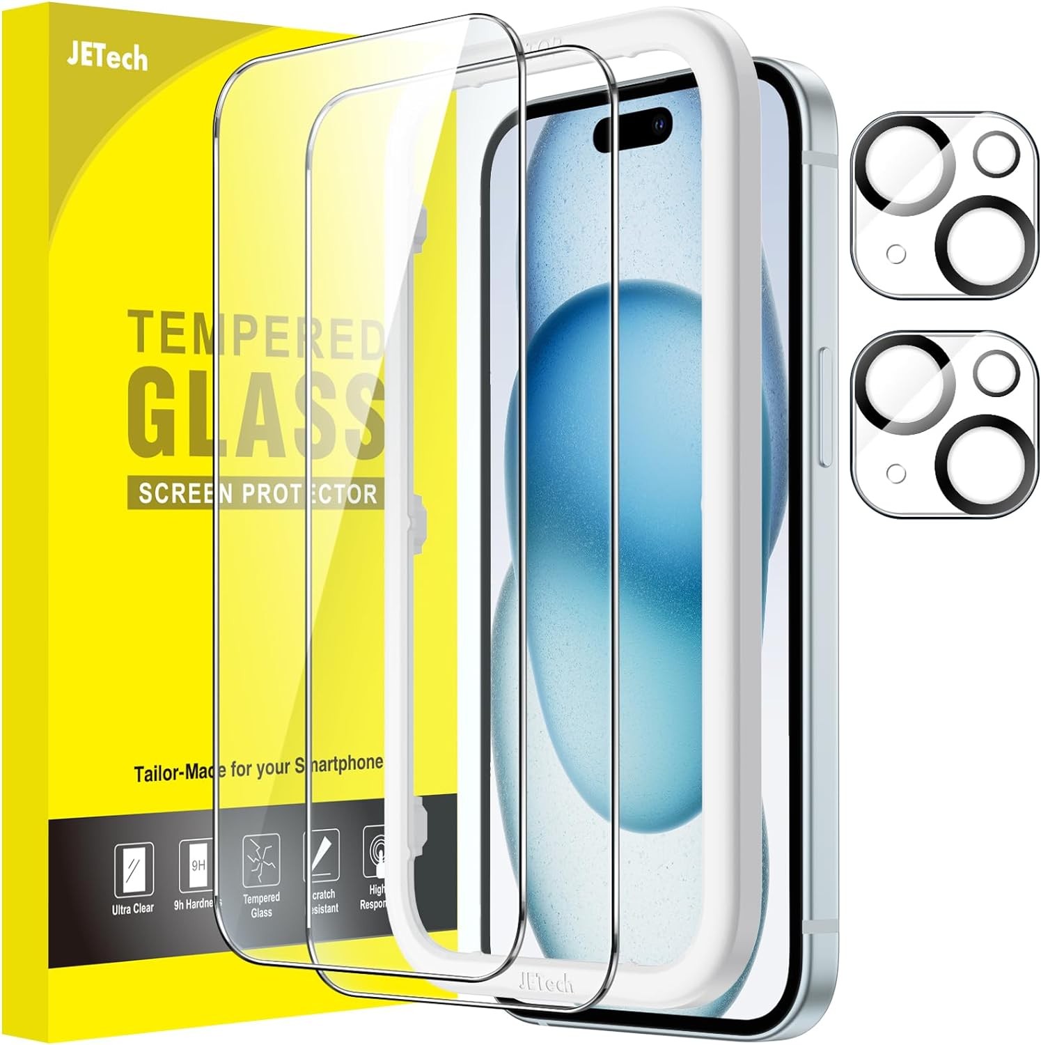 Jetech Screen Protector for Iphone 15 plus 6.7-Inch with Camera Lens Protector, Easy Installation Tool, Tempered Glass Film, HD Clear, 2-Pack Each