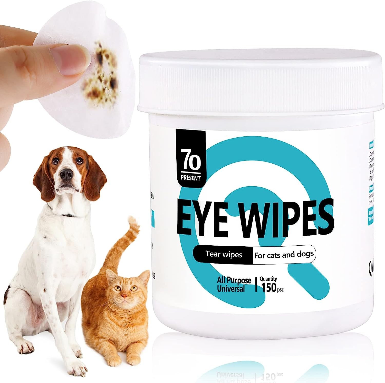 Pet Gentle Eye Wipes, 150 Count Universal Cat & Dog Grooming Wipes, Natural and Safe for Removing Dirt Crust and Discharge, Hypoallergenic for Ear, Body, Paw