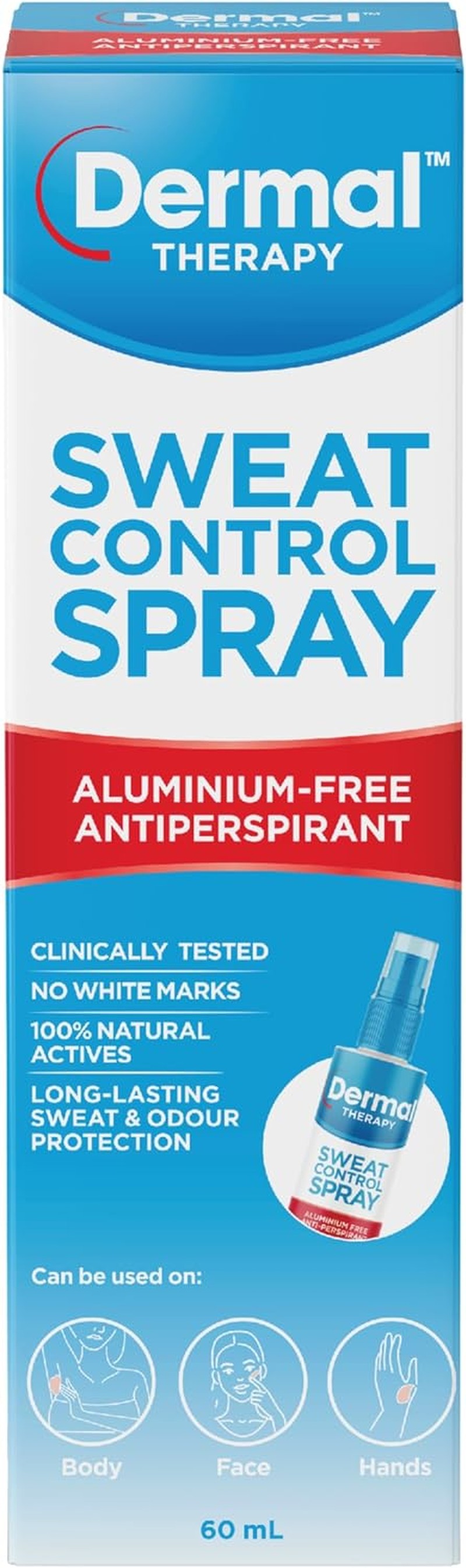 Dermal Therapy Sweat Control Spray Antiperspirant | Aluminium-Free, & Fragrance-Free for Face, Hands & Body | 60Ml