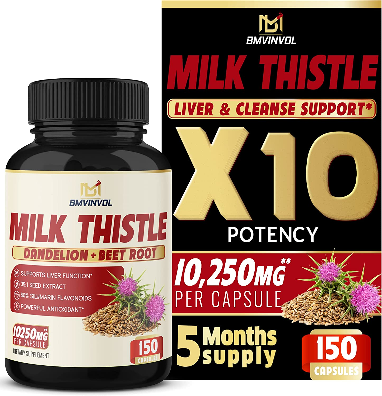 (5 Months Supply) Milk Thistle Extract Capsules – 7 Herbs Equivalent to 10250 Mg – Health Cleanse and Detox Supplement – Enhanced Beet Root, Cissus, Dandelion & More – Liver Support Pills Supplement