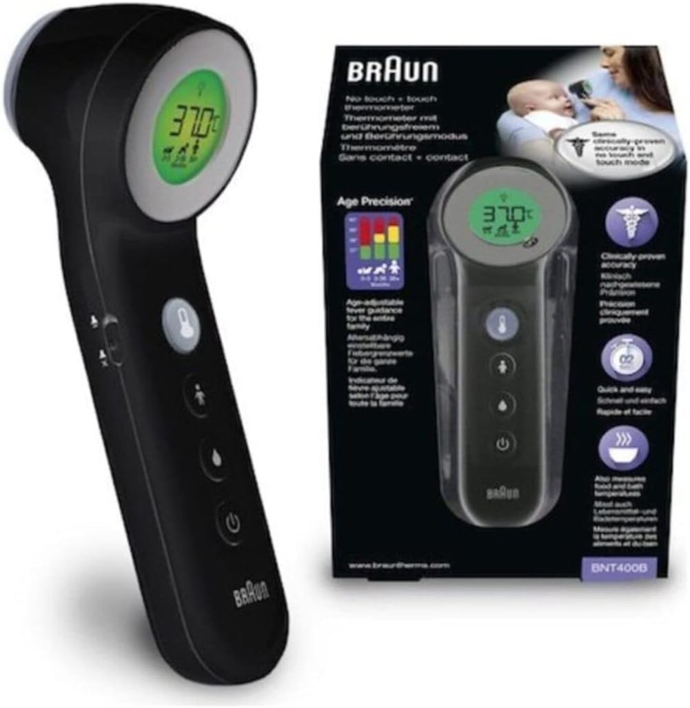 BRAUN NO TOUCH + TOUCH FOREHEAD THERMOMETER BNT400B with AGE PRECISION, BLACK