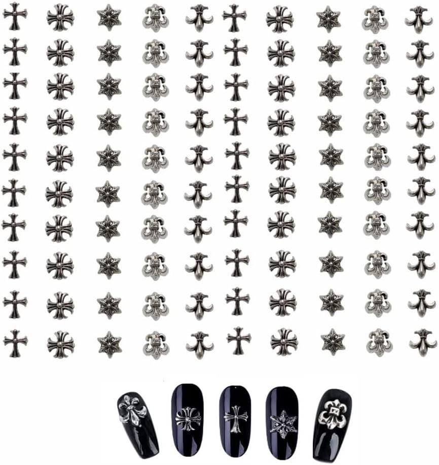 Cross Nail Decoration,100 Pcs 3D Nail Art Charms Vintage Silver Metal Chrome Punk Gothic Crosses Mixed Styles for Manicure Craft DIY Nail Art Decorations