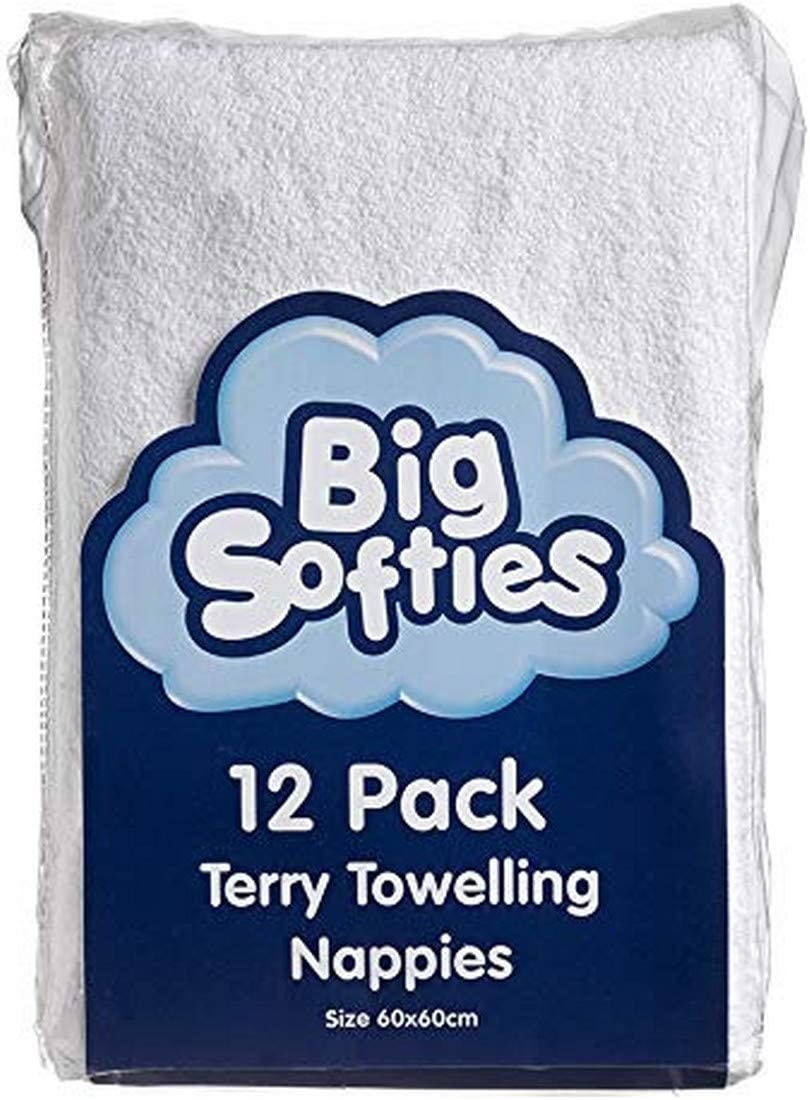 Big Softies Towelling Cotton Nappies 12 Piece Set, White, 12 Count