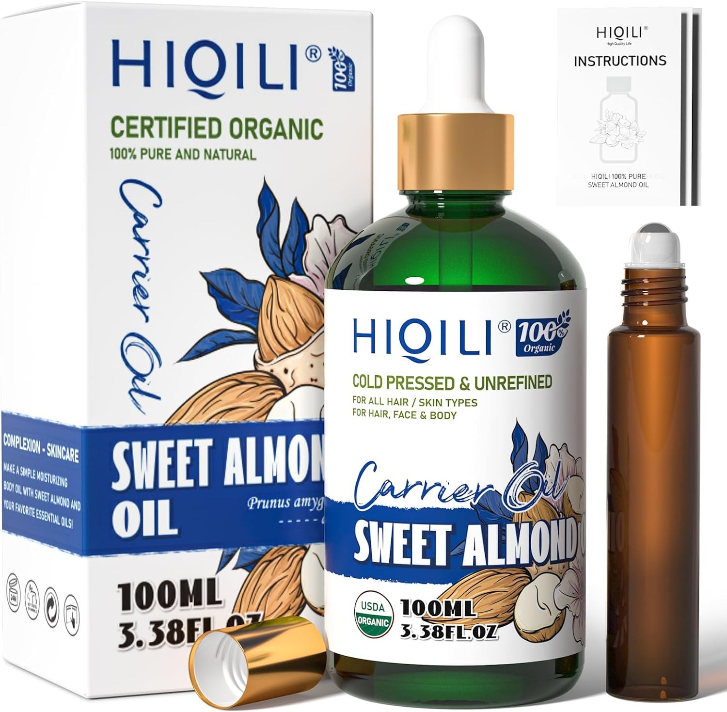 HIQILI Sweet Almond Oil with Roller Bottle, 100% Pure and Natural Carrier Oil for Hair, Skin, Body, Massage, Diluting Essential Oils- 3.38 Fl. Oz