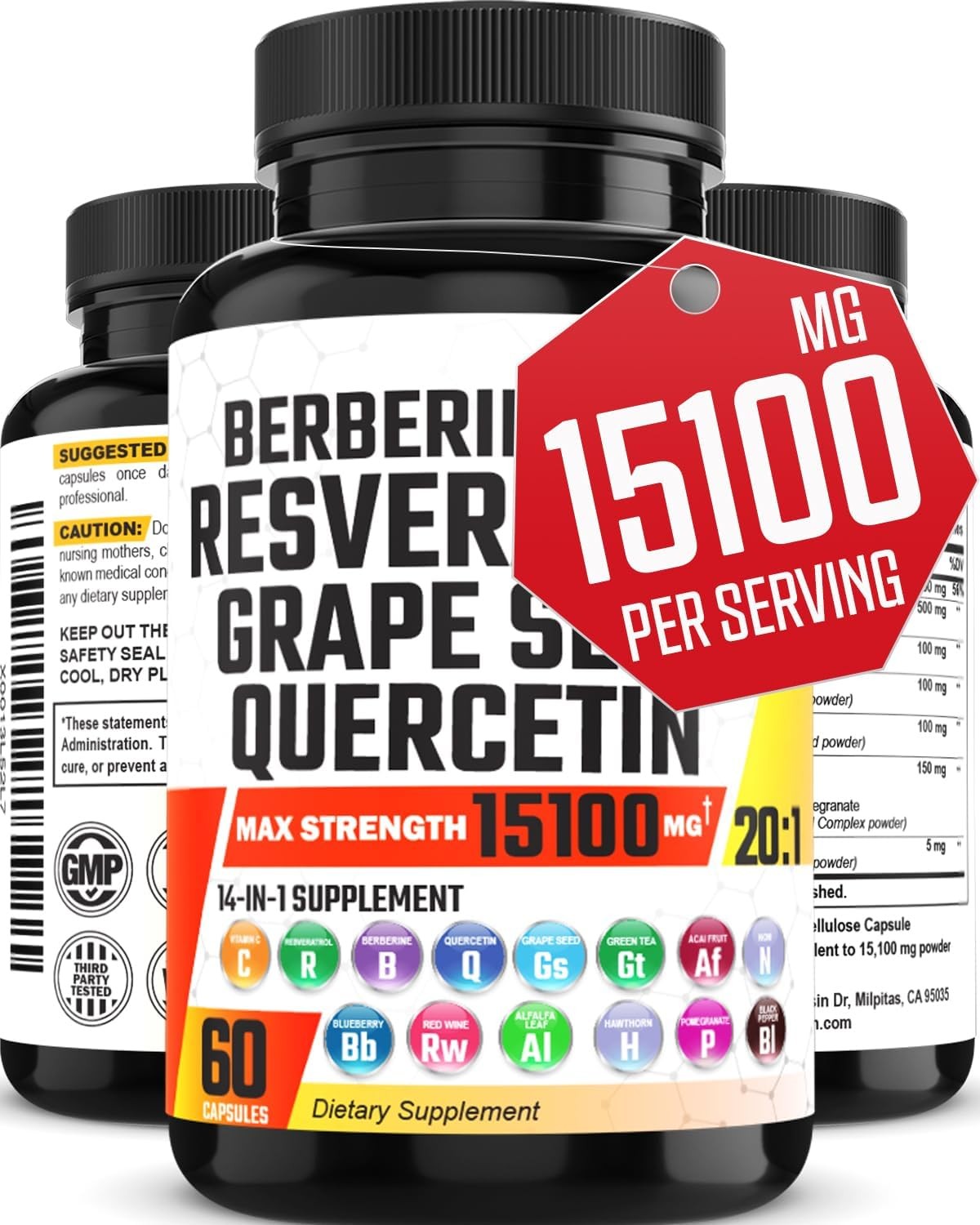 𝐑𝐞𝐬𝐯𝐞𝐫𝐚𝐭𝐫𝐨𝐥 𝟏𝟎𝟎𝟎𝟎𝐦𝐠 Berberine 1500Mg Quercetin 1000Mg Supplement with Green Tea Noni – Support Skin, Immunity & Body Management – Resveratrol Capsules Berberine Pills Quercetin Caps