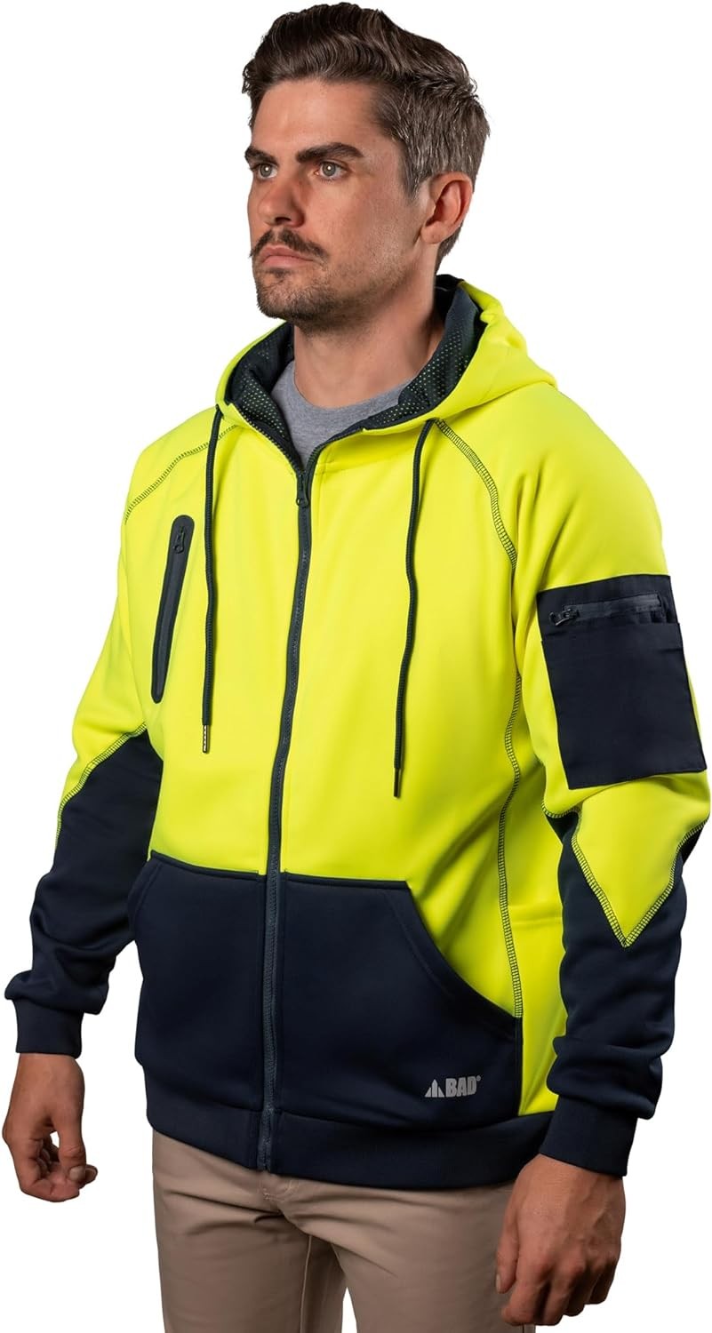 BAD WORKWEAR Waterproof Rain-Defend Hi-Vis Full-Zip Fleece Hoodie – Stay Warm and Dry in Any Weather, High Visibility Jacket, Yellow, Size XXXL