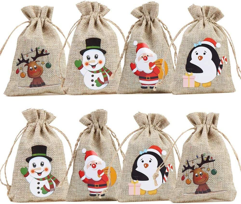 CCINEE Christmas Linen Bags with Drawstrings Christmas Burlap Goody Gift Bags with Double Jute Drawstrings,12