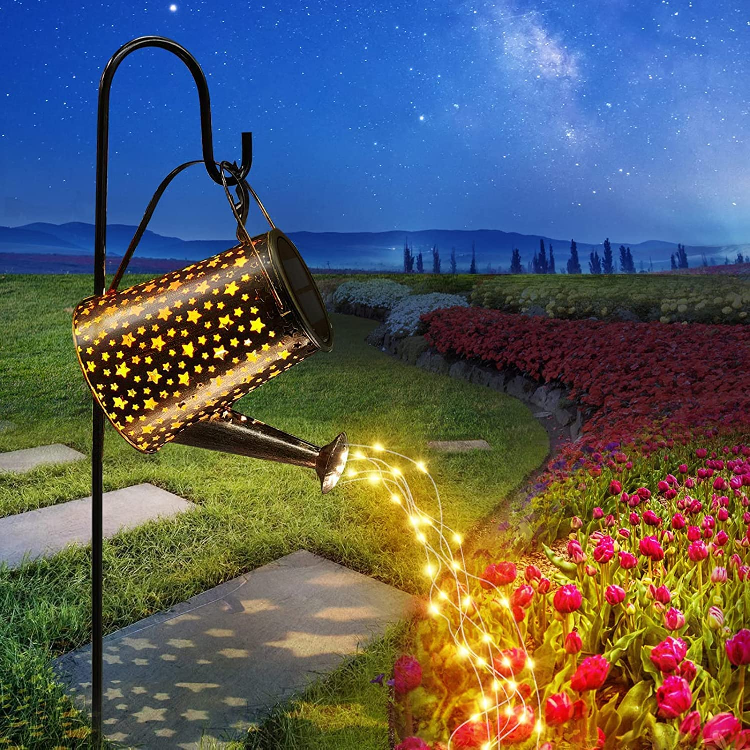 Garden Decor Solar Lights Outdoor Waterproof, JOYCHER Yard Watering Can Light Decorative Solar Lantern Hanging Fairy Light for Lawn Patio Backyard Pathway Outsider Christmas Gift-Star Warm White Style