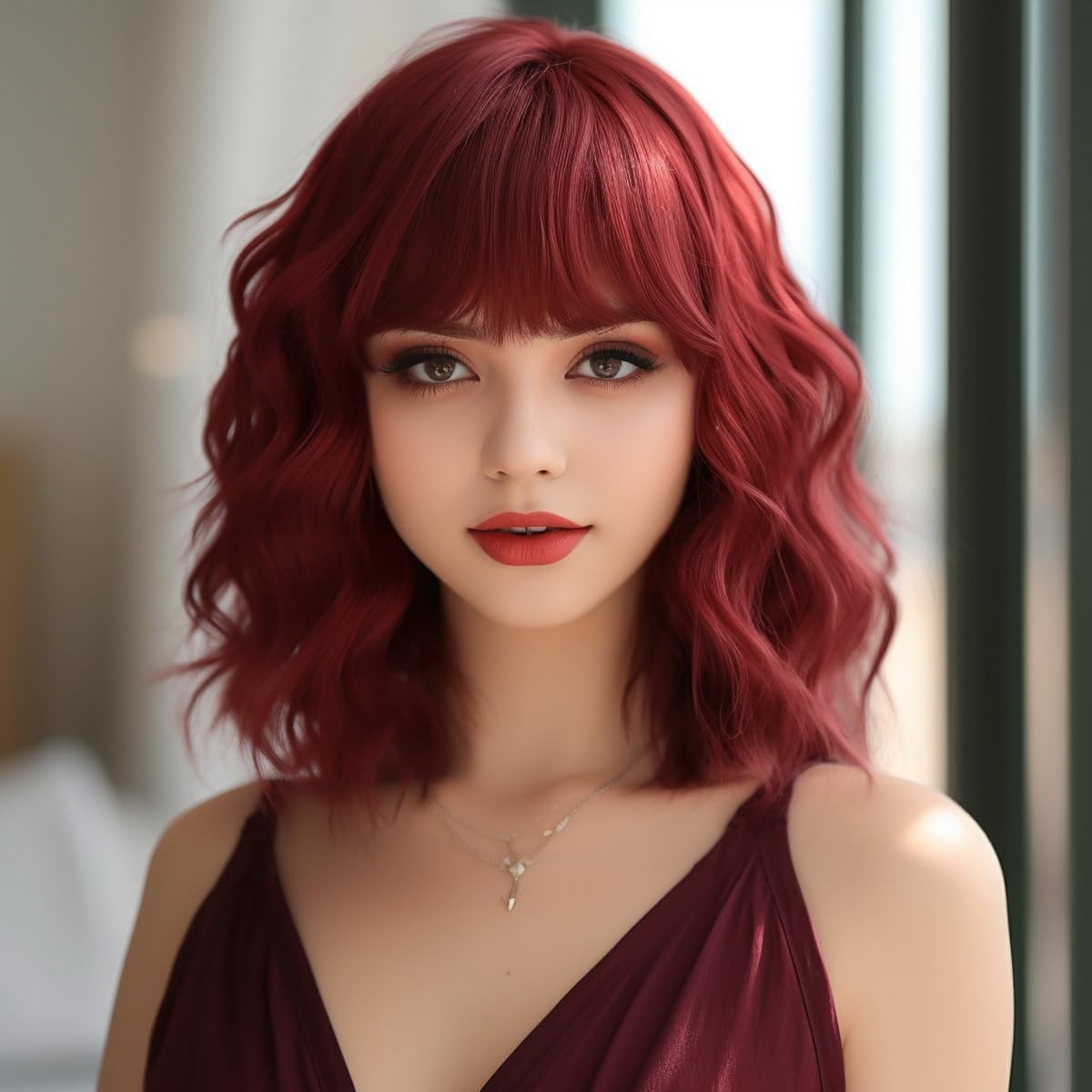 Red Wigs for Women|Synthetic Red Wig with Bangs|Curly Wig for Daily Use