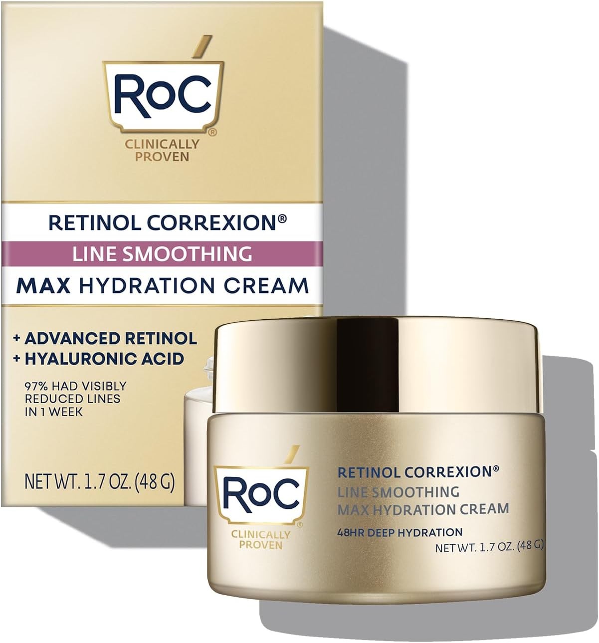 Roc Retinol Correxion Max Daily Hydration Anti-Aging Face Moisturizer with Hyaluronic Acid, Oil Free Skin Care Cream for Fine Lines, Dark Spots, Post-Acne Scars, 1.7 Oz (Packaging May Vary)