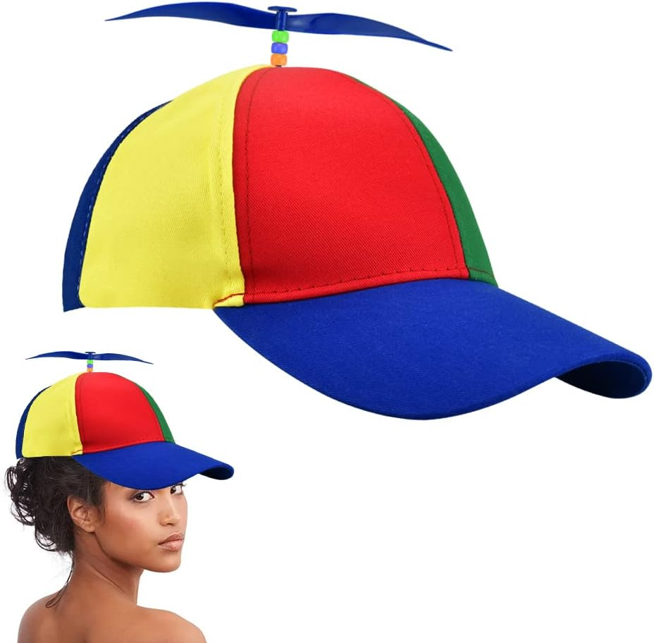 DOUSELLA Propeller Hat Colourful Helicopter Hat Baseball Cap with Propeller Children’S Helicopter Hat Funny Propeller Cap Helicopter Cap 57-61 Cm Adult Helicopter Cap for Carnival, Rainbow Colours