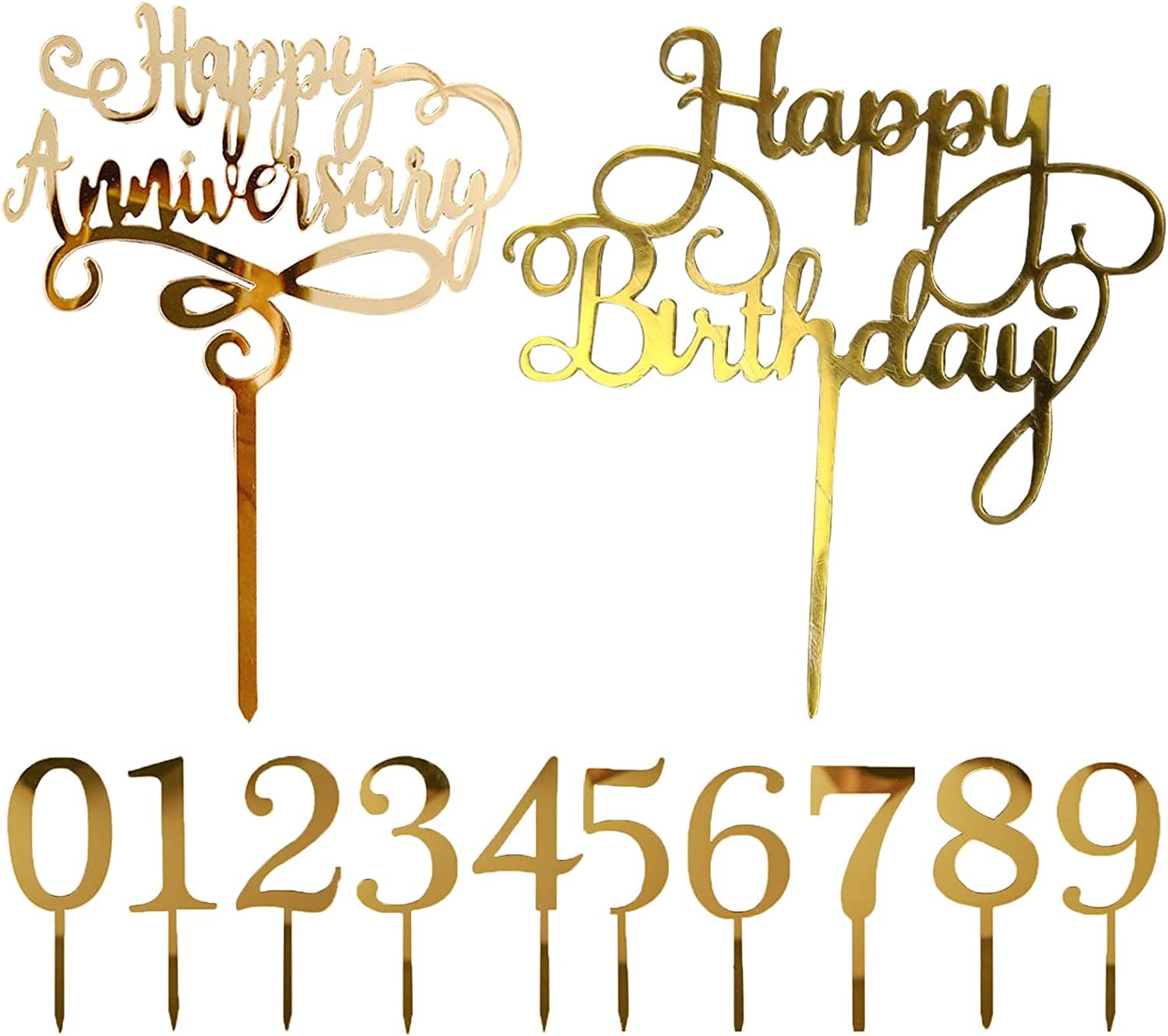 Happy Birthday Cake Gold Topper Golden Anniversary Insert and 0-9 Number Toppers Cake Topper Cake Decoration Supplies (12 Pieces)