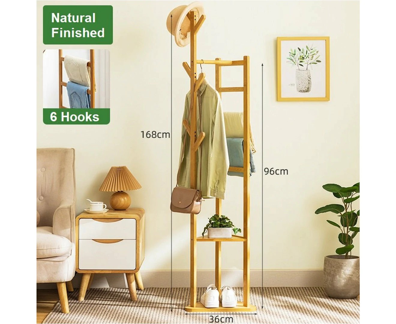 Bamboo Clothes Coat Rack Garment Stand Shelf Tree Hanger Bag Hat Hook Holder – Natural