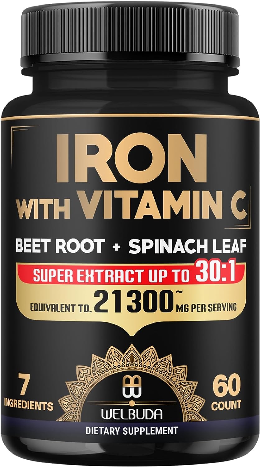 21300Mg Iron Supplement with Vitamin C – 7In1 Combined with Beet Root, Spinach, Kale, Swiss Chard & Pumpkin Seed – Healthy Iron Levels, Body Balance & Immune Support – 60 Capsules