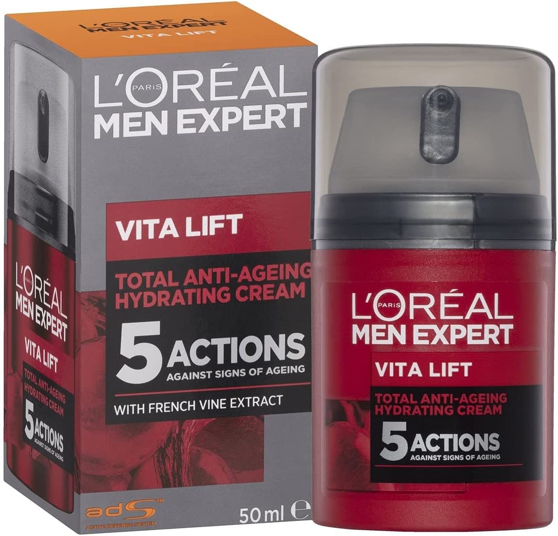 L’Oreal Paris Men Expert Anti-Ageing Moisturiser for Men, 5 anti Ageing Actions, with Pro-Retinol, Firms and Brightens, Men Expert Vita Lift, 50 Ml