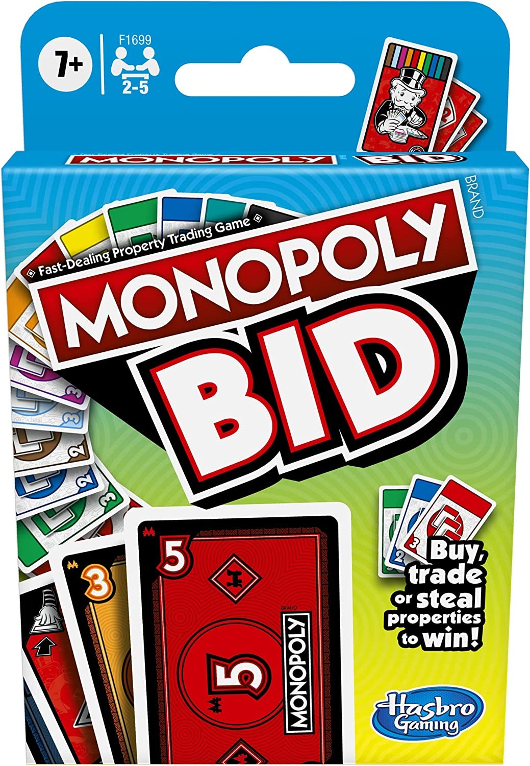 MONOPOLY – BID – Quick-Playing Card Game – Deal Away – Buy, Trade or Steal – 2-5 Players – Family Games and Toys for Kids – Boys and Girls – Ages 7+