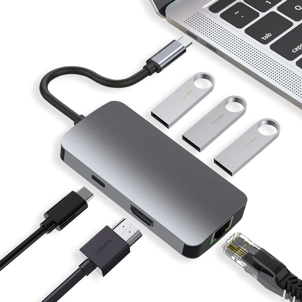 HARIBOL USB C Hub, Macbook Pro Adapter USB C Dongle, 6 in 1 USB C to HDMI Multiport Adapter with 1000M Ethernet, 4K USB C to HDMI, 3 USB 3.0 Ports, PD Charging Port for Macbook/Pro and Type C Devices