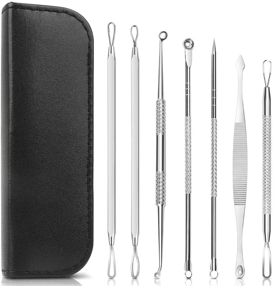 Blackhead Remover Pimple Comedone Extractor Tool, 7 in 1 Acne Removal Kit, Treatment for Blemish, Whitehead Popping, Zit Removing for Risk Free Nose Face Skin with Leather Case