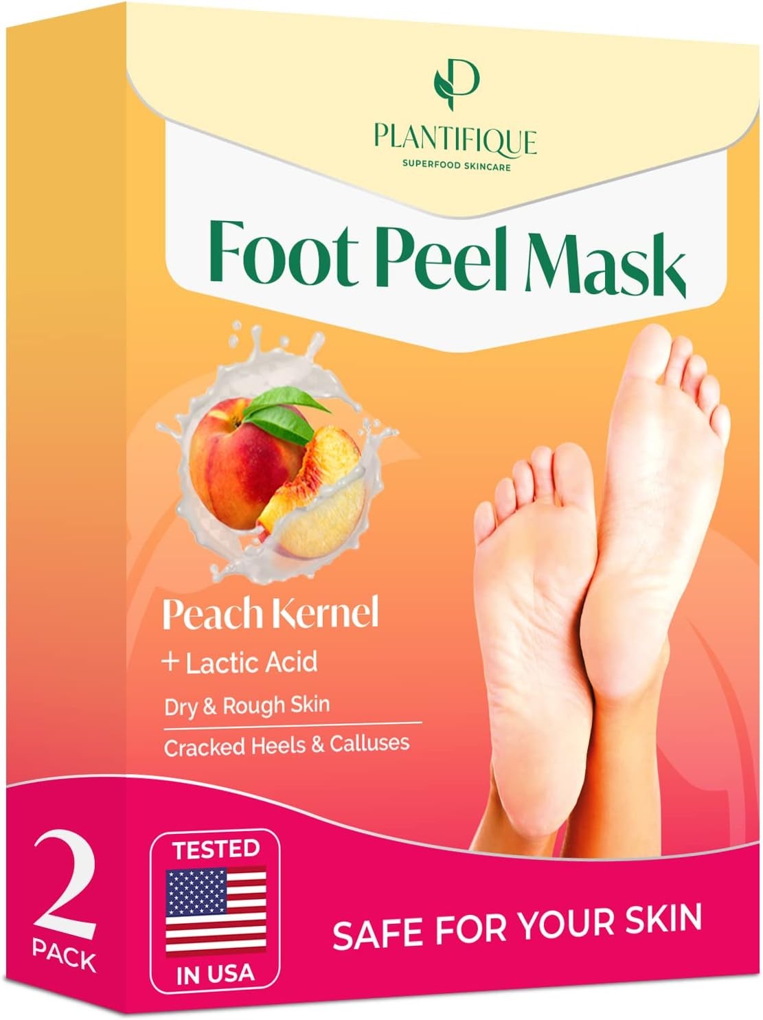 PLANTIFIQUE Foot Peeling Mask – Peeling Foot Mask Dermatologically Tested Repairs Heels & Removes Dry Dead Skin for Baby Soft Feet – Exfoliating Foot Peel Mask for Dry Cracked Feet (Peach 2 Pack)