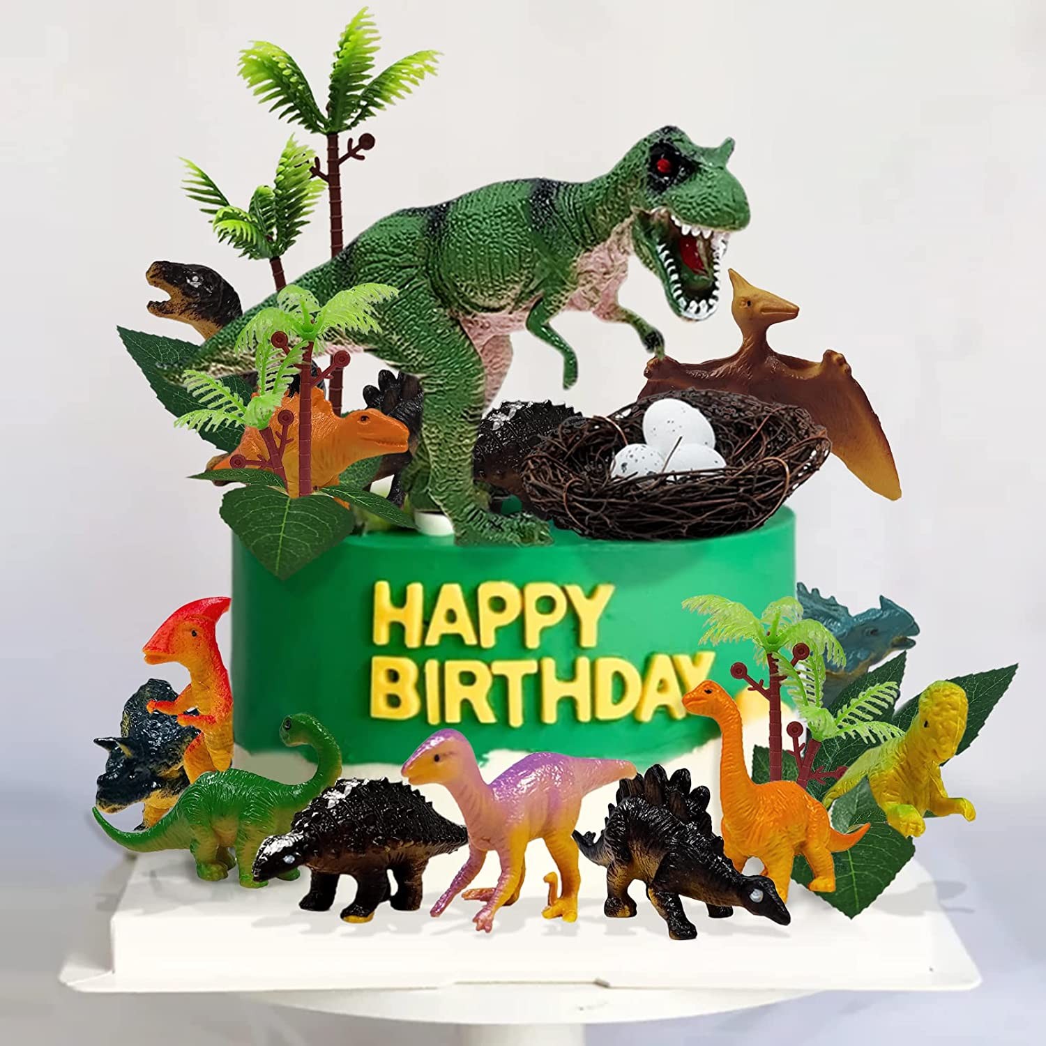 GLAHORSE 26 PCS Dinosaur Cake Toppers with Dinosaur Eggs Leaves Trees Cake Decorations for Birthday Party ,Dinosaur Themed Party,Jungle Safari Party, Wild Animals Party, Zoo Roar Party, Kids Party Cake Decorations (Dinosaur Cake Toppers)