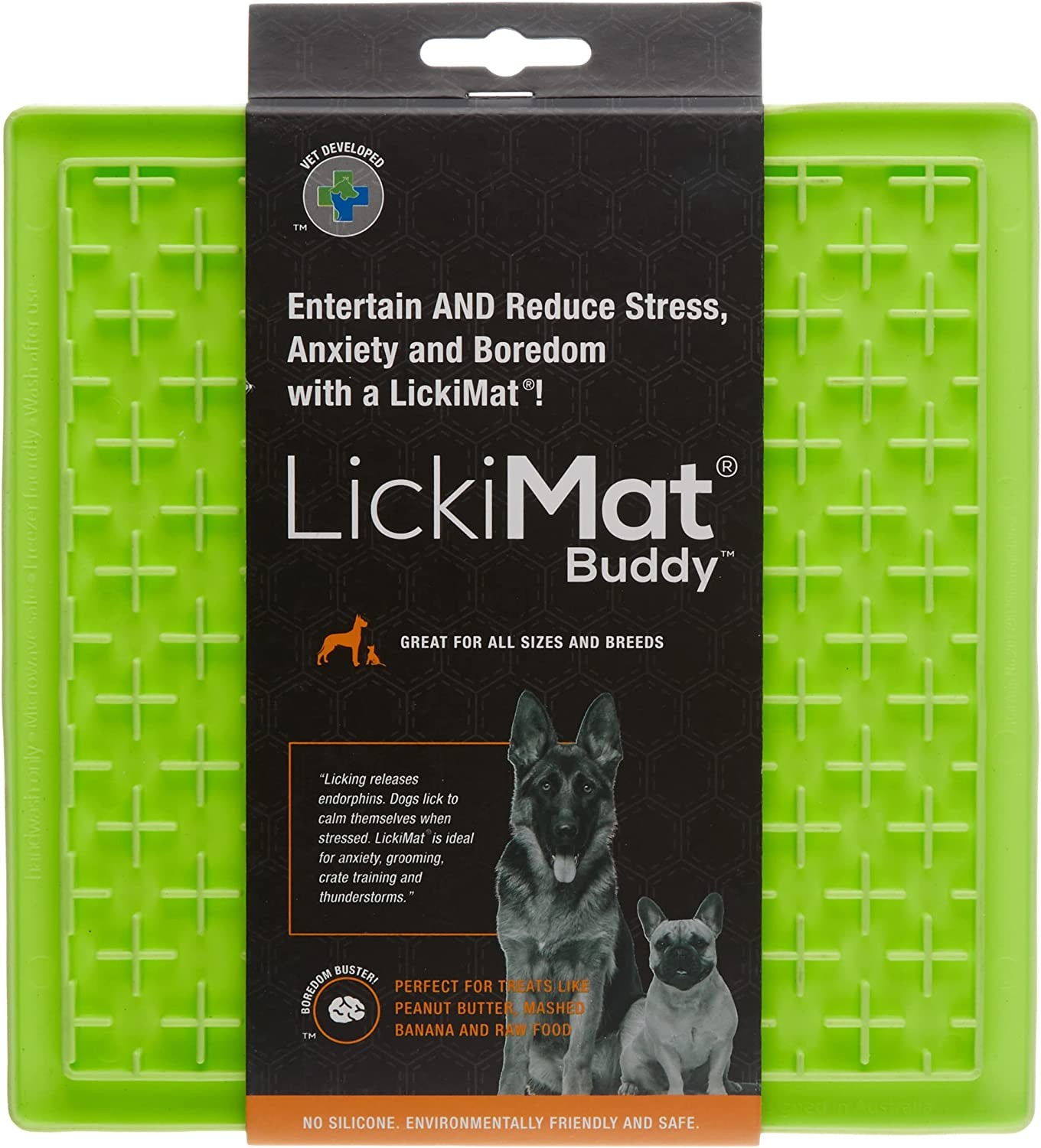 Lickimat Classic Buddy, Slow Feeder for Dogs, Boredom and Anxiety Reducer; Perfect for Food, Treats, Yogurt, or Peanut Butter. Fun Alternative to a Slow Feed Dog Bowl, Green