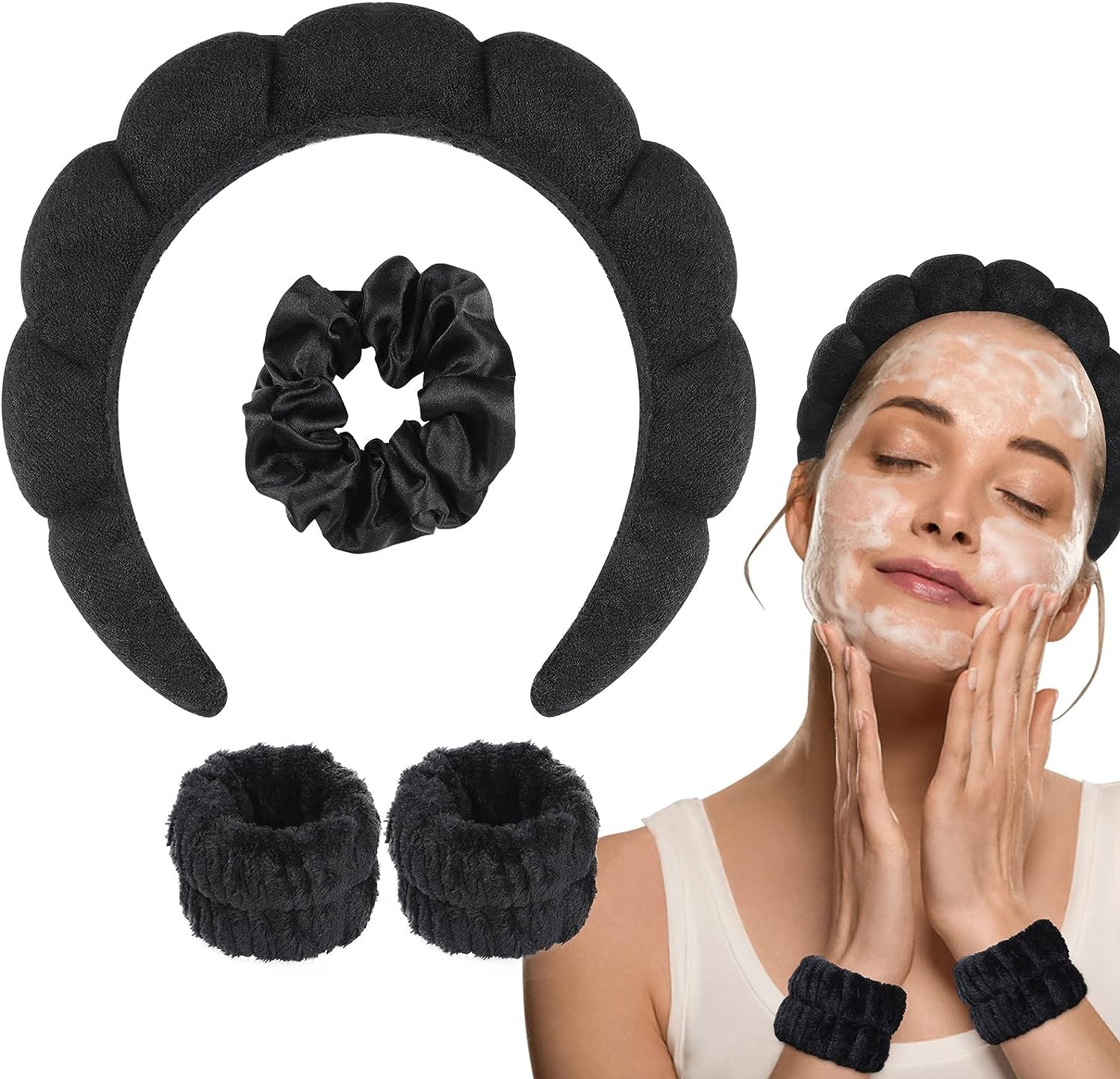 WD&CD Spa Makeup Headband Set, Headband Skincare Headband for Woman, Face Wash Wristband and Scrunchies for Hair, Black