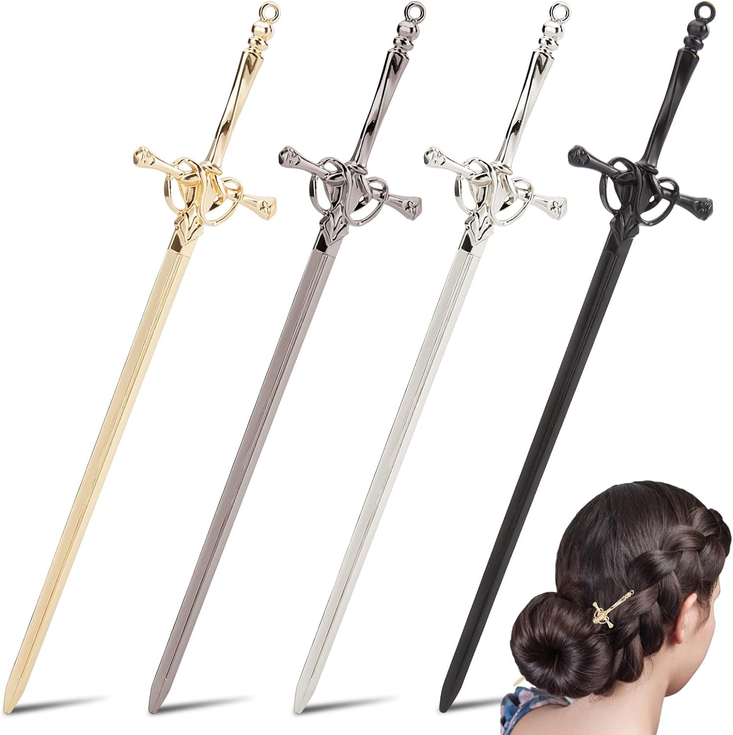 WEBEEDY 4 PCS Sword Hair Sticks Chinese Sword Hair Chopsticks Metal Sword Hair Pins Stick for Buns Vintage Hair Accessories for Women Girls Long Thick Hair(4 Color)