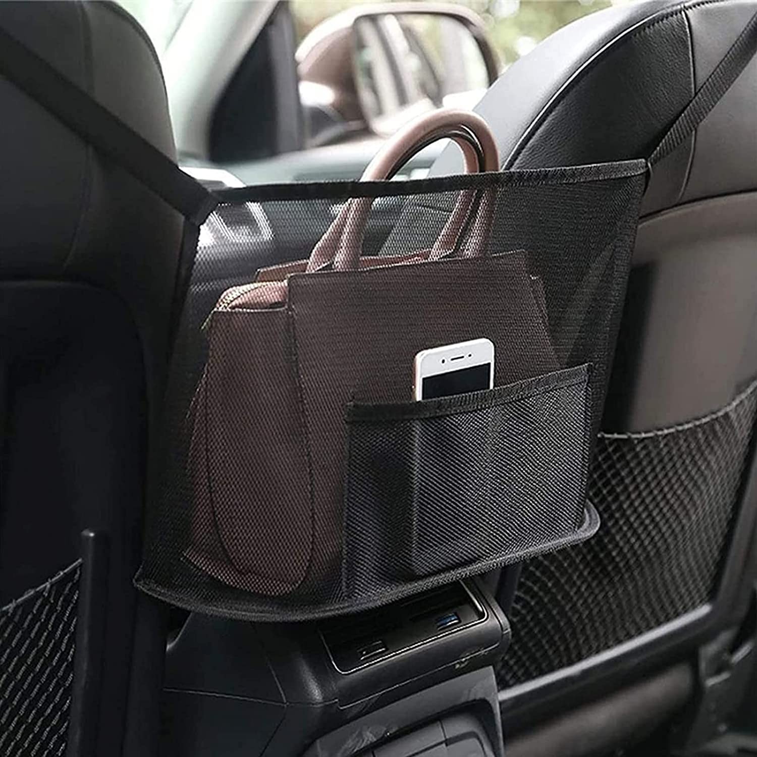 VIYNRAN Car Net Pocket Handbag Holder, Durable Car Seat Storage and Handbag Holding Net, Thickened Polyester Fiber Hanging Storage Bag between Car Seats for Carrier Bag, Documents, Phone and More