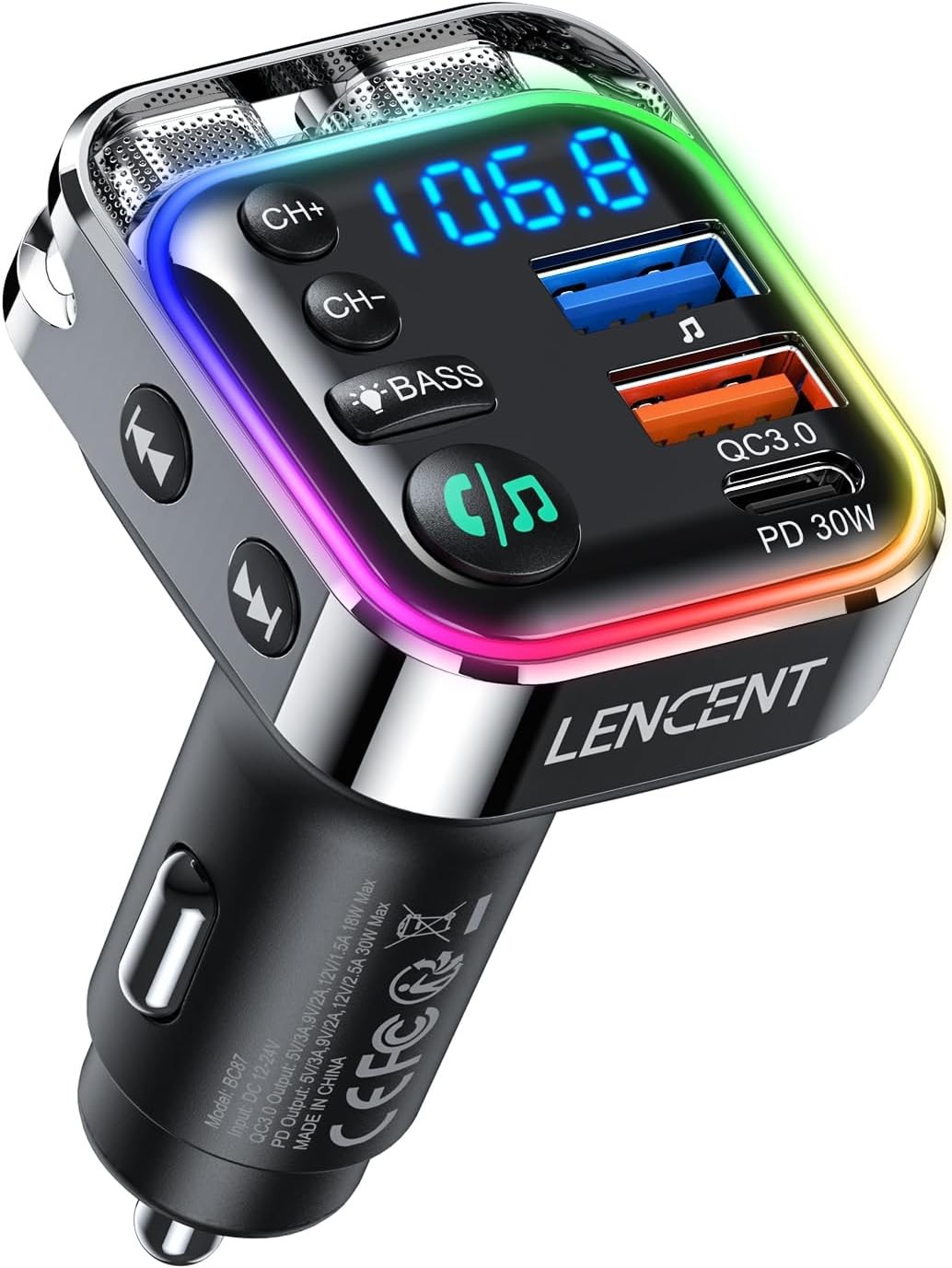 LENCENT Bluetooth 5.3 FM Transmitter,Pd 30W & QC3.0 Fast Charger Bluetooth Car Adapter,Hi-Fi Music/Clear Calling Car FM Bluetooth Adapter