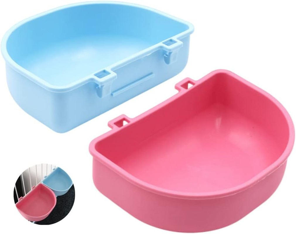 2 Pcsrabbit Food Water Bowl, Guinea Pig Plastic Food Basin Dish, Chinchilla Hanging Portable Feeding Bowl (Pink and Blue)