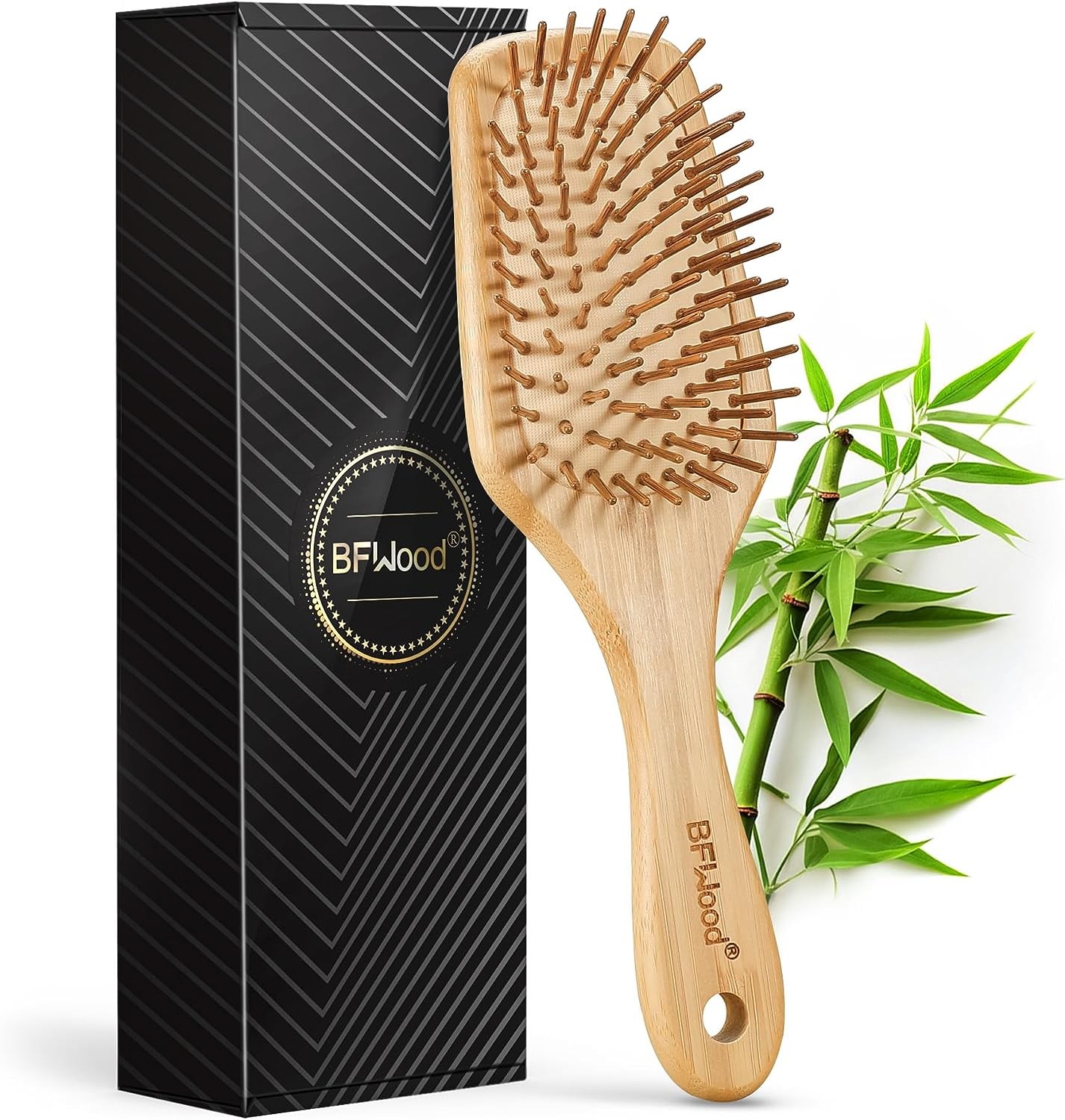 Bfwood Bamboo Paddle Hairbrush with Bamboo Bristles for Massaging Scalp