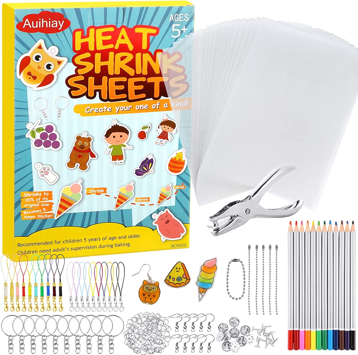 Auihiay 198 Pieces Shrink Plastic Kit Include 20 Sheets Shrinky Paper, Hole Punch, Keychains Accessories and Pencils for DIY Ornaments or Creative Craft